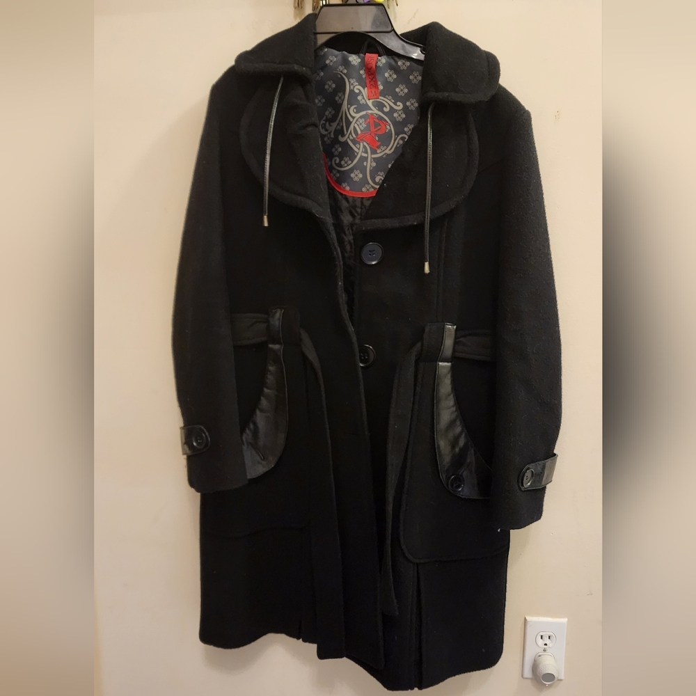 Black 2xpose Brand Trench Coat with Standing Collar and Button Closure